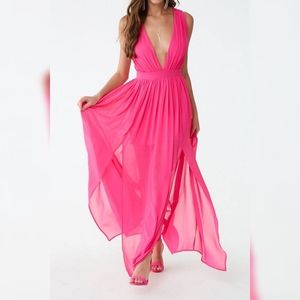 Forever 21 Hot Pink Chiffon M-Slit Gown
